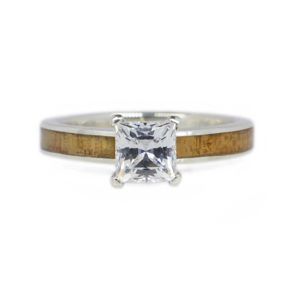 Koa Wood Engagement Ring In 14k White Gold & Princess Diamond
